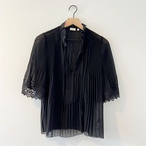 Aritzia Wilfred Matthieu Blouse Pleated Lace Trim Collar Tie Neck Black Small S